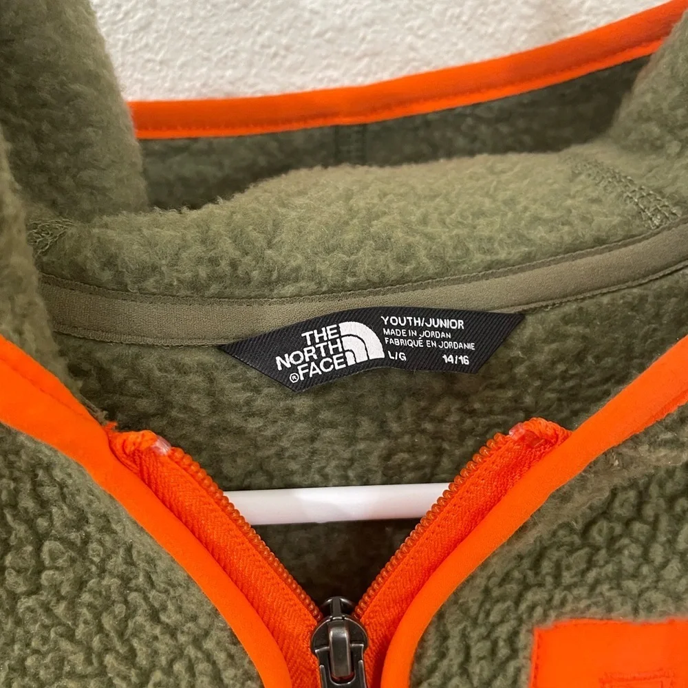 The North Face Olive and Orange Youth Fleece Zip Up Jacket Coat